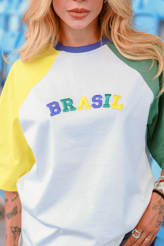 Camiseta Over Raglan Bordada Brasil